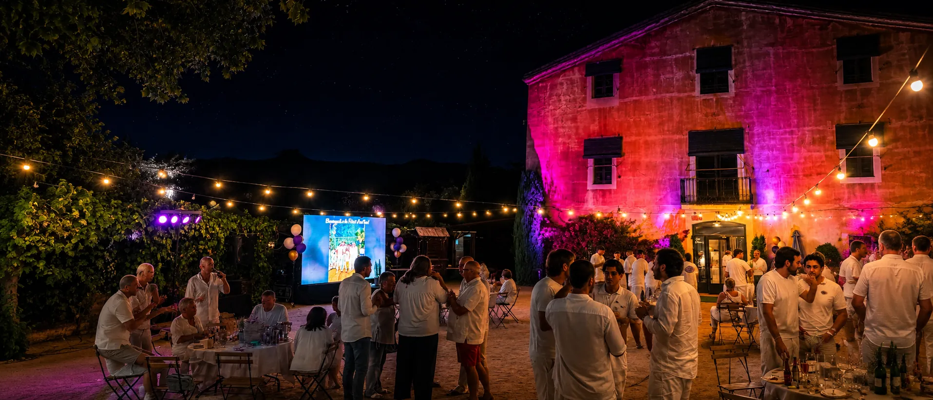 Masía de Alella iluminada de noche en tonos rosa y ámbar con pantalla LED y guirnaldas durante el evento corporativo