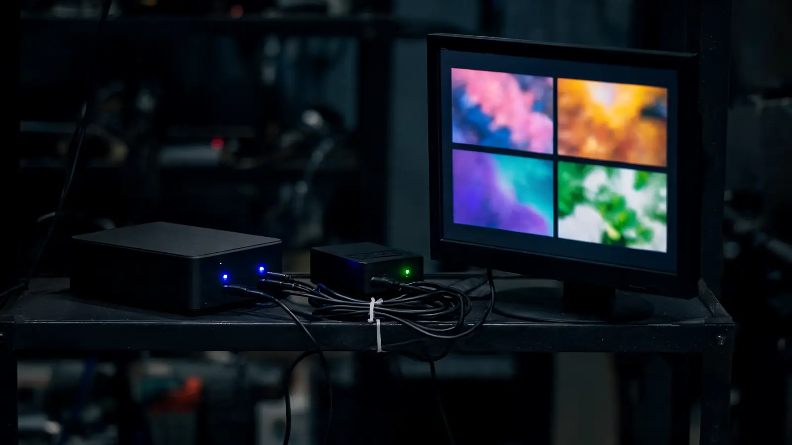 Equipo audiovisual compacto que gobierna una pantalla: mini PC, capturadora y monitor
