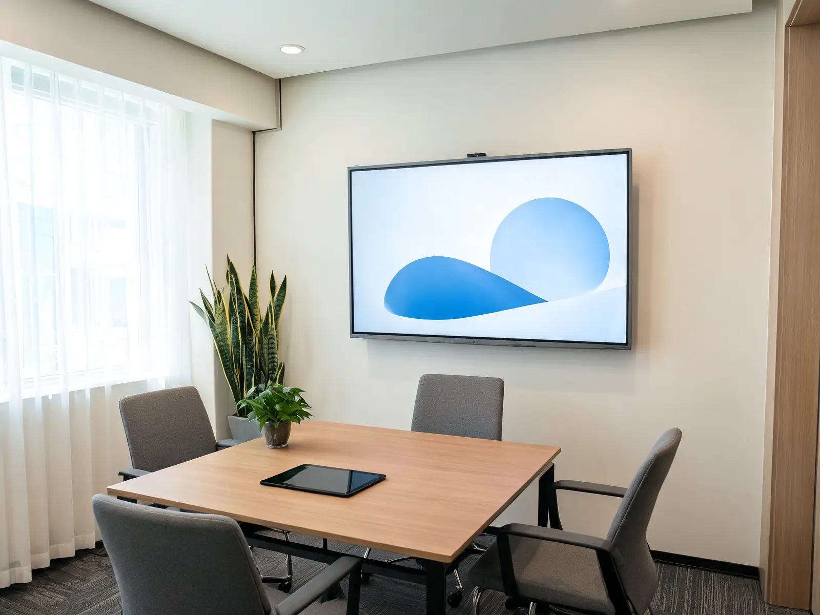 Recepción de oficinas con pantalla LED tras el mostrador