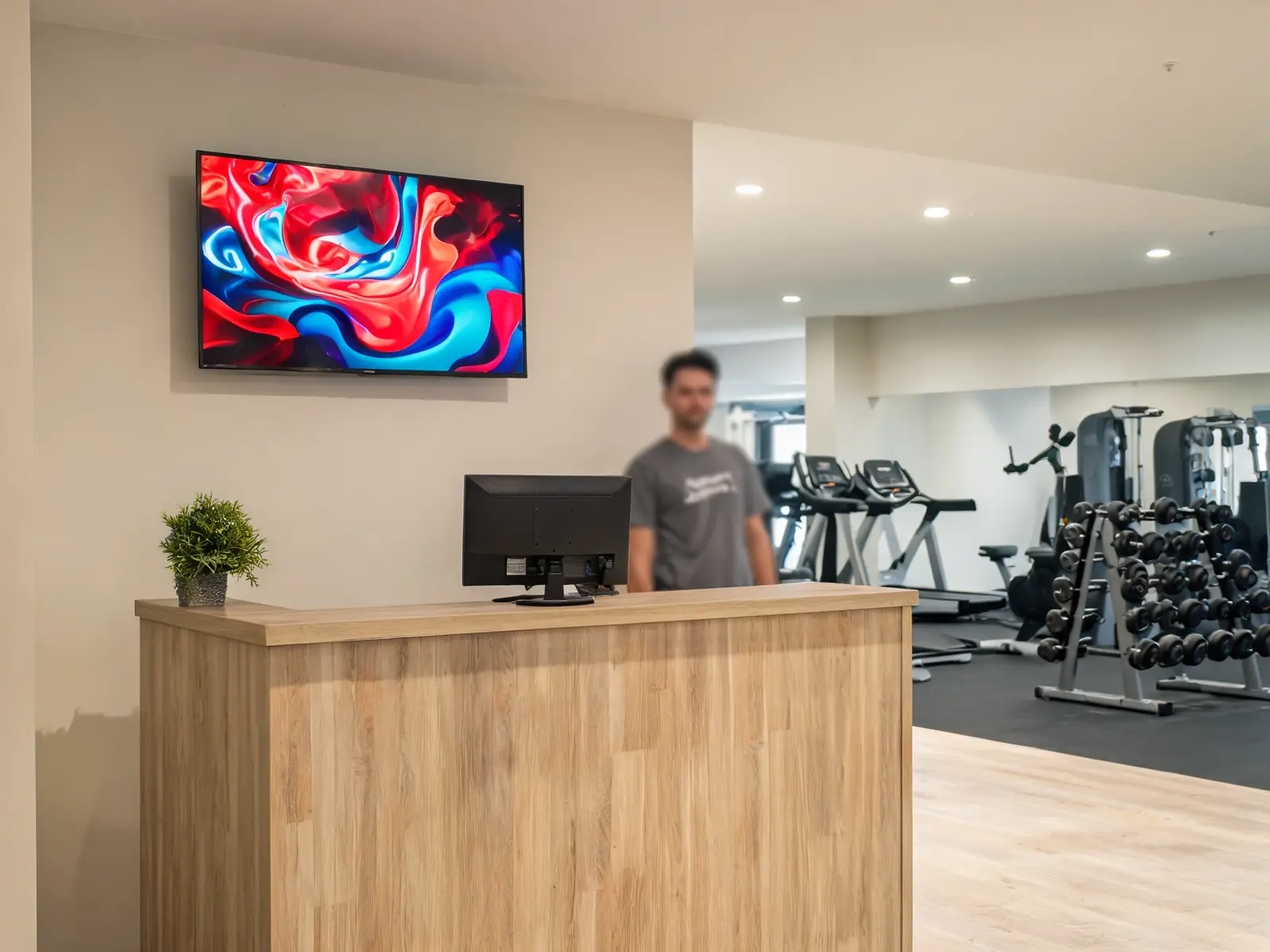 Sala de un gimnasio con pantalla LED al frente