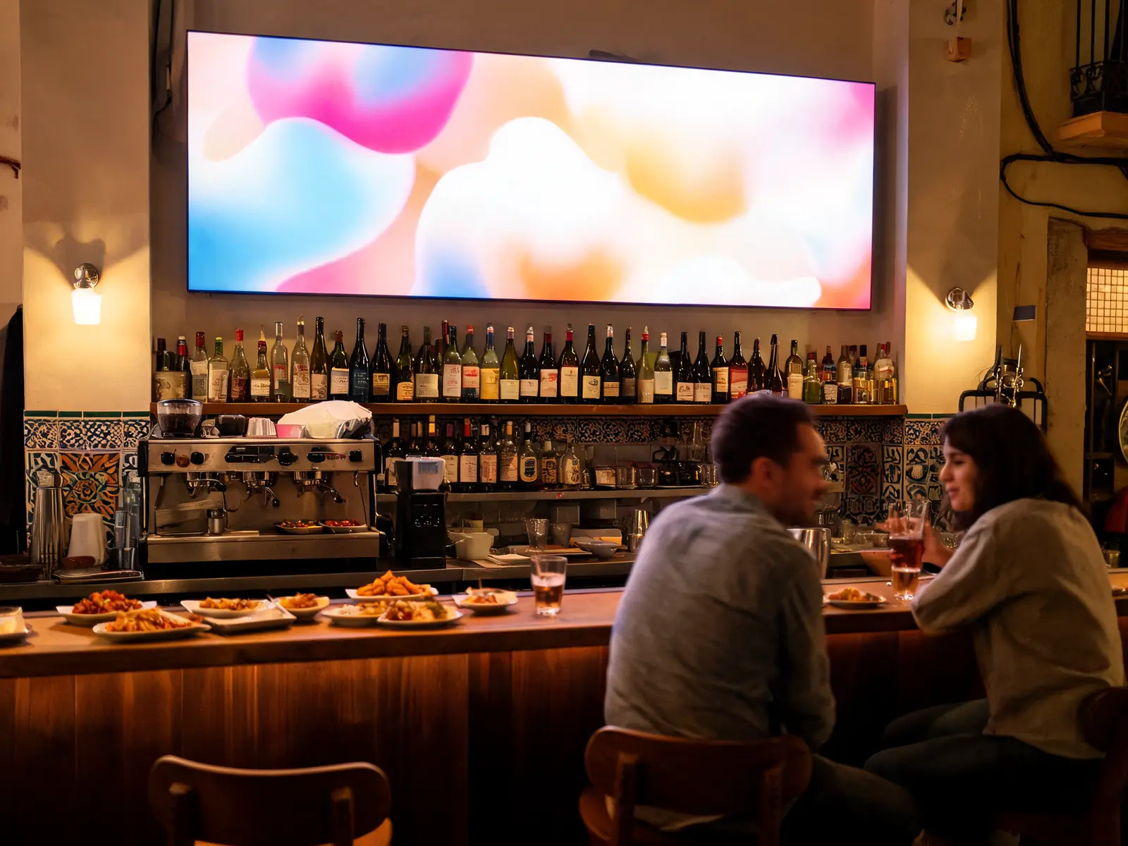 Pantalla LED sobre la barra de un restaurante moderno