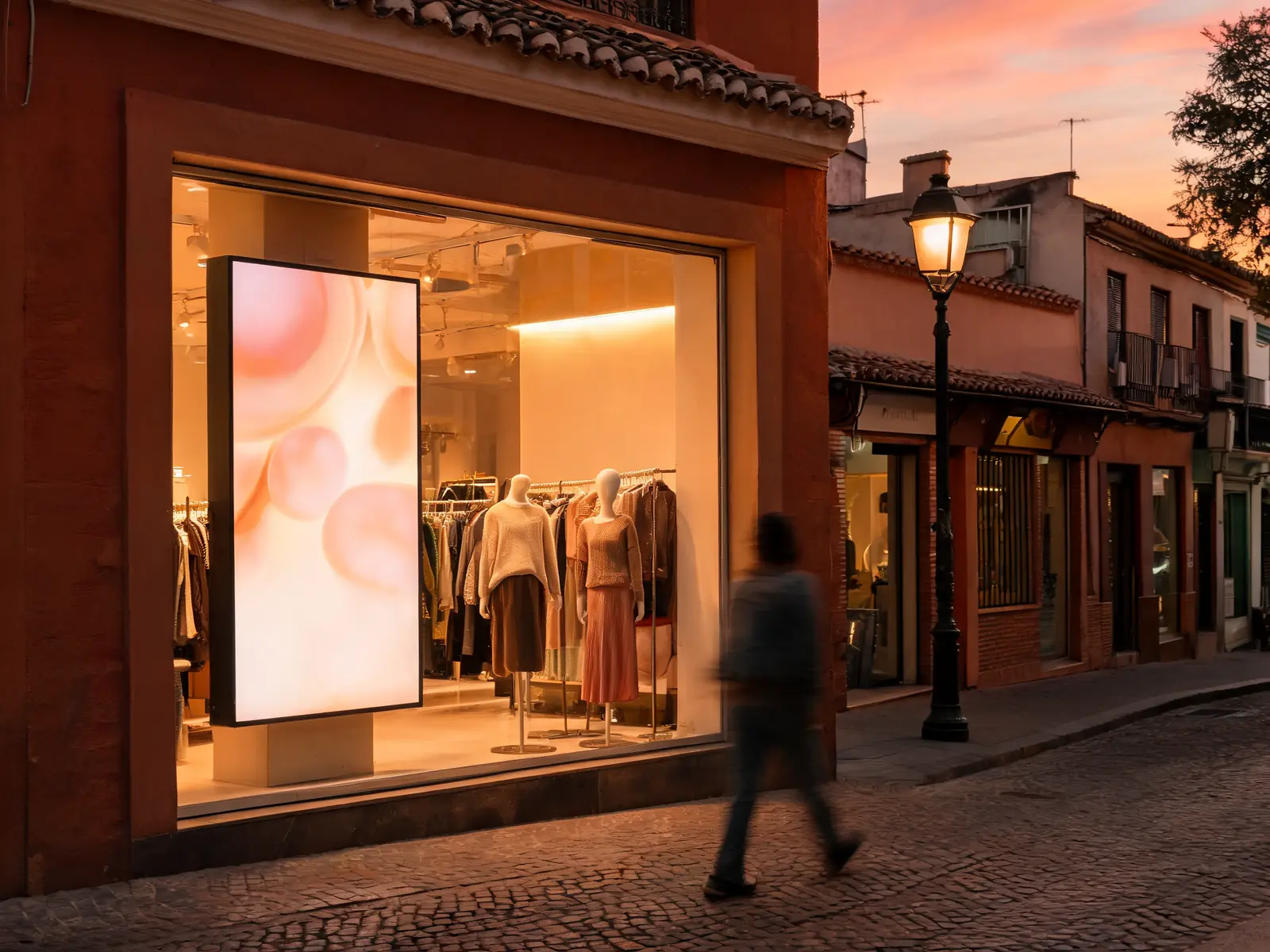 Escaparate de una tienda de moda con pantalla LED al anochecer