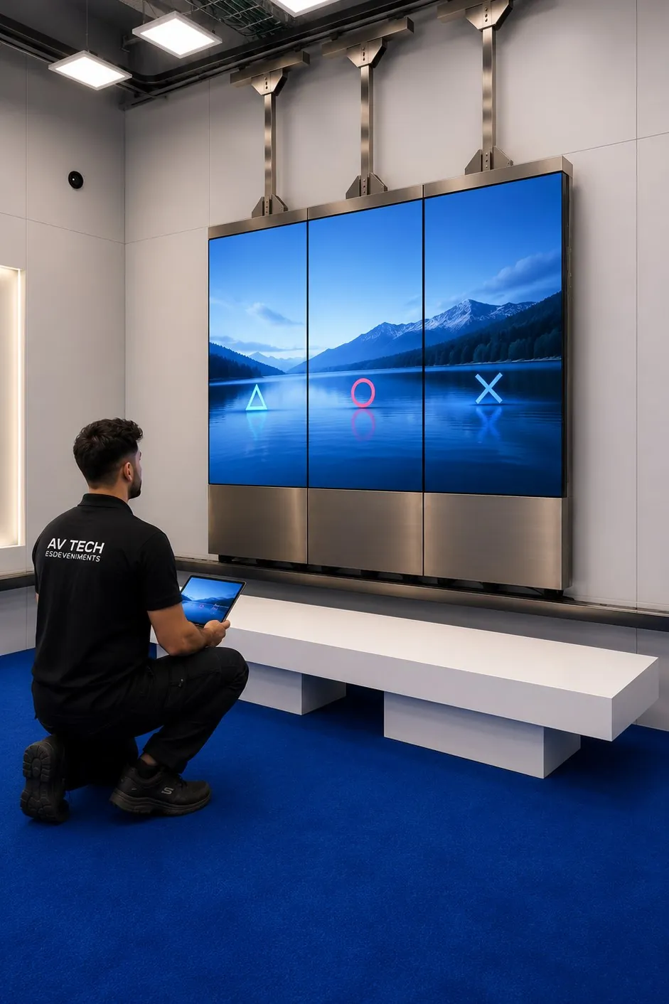 Técnico de AV TECH configurando un sistema multipantalla del showroom