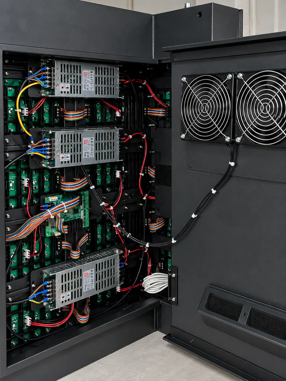 Interior del mueble LED con la puerta técnica abierta: fuentes, electrónica y ventiladores al alcance de la mano