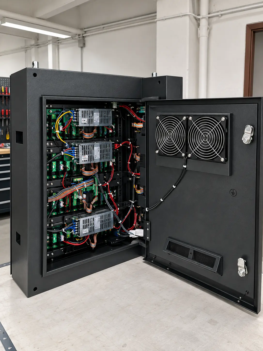 Mueble de la pantalla LED abierto: fuentes de alimentación, electrónica, cableado y ventiladores en la puerta técnica