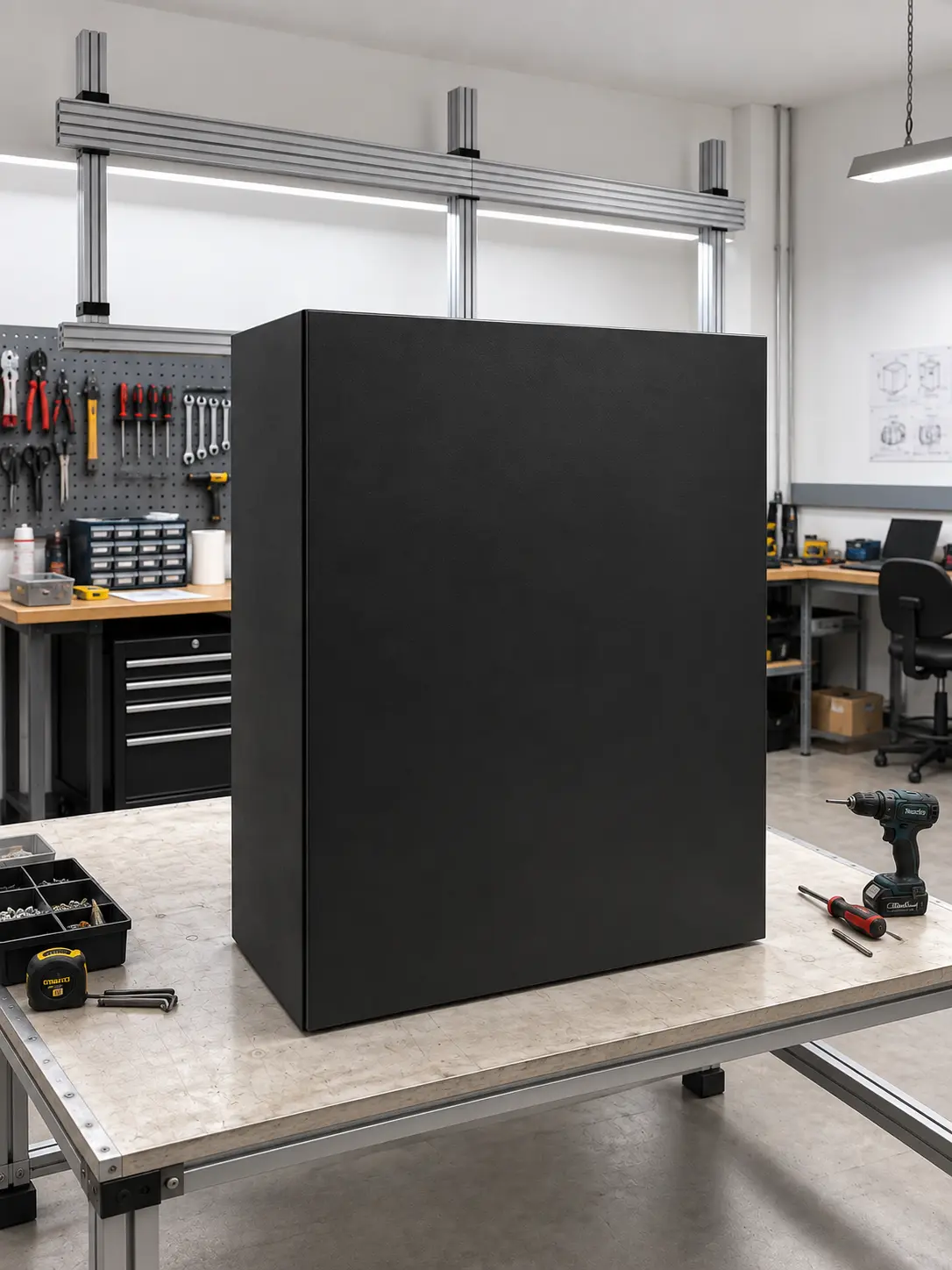 Mueble de la pantalla LED terminado y cerrado sobre la mesa de taller, antes de la instalación