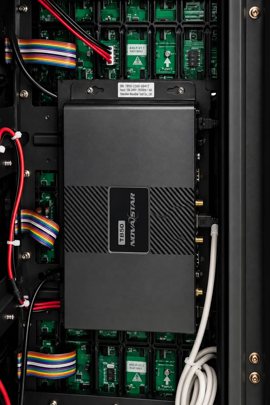 Player NovaStar TB50 montado dentro del mueble, entre los módulos LED y el cableado