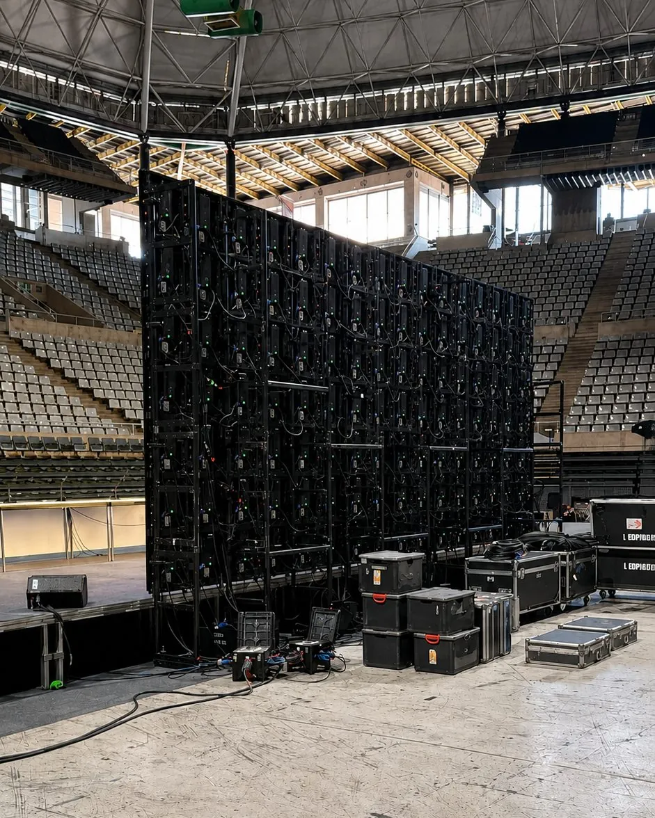 Trasera del muro LED montado bajo la cúpula del Palau Sant Jordi, con estructura de rigging y flightcases