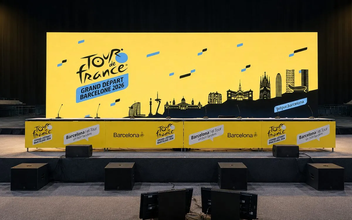 Pantalla LED del Grand Départ Tour de France 2026 en el Palau Sant Jordi de Barcelona