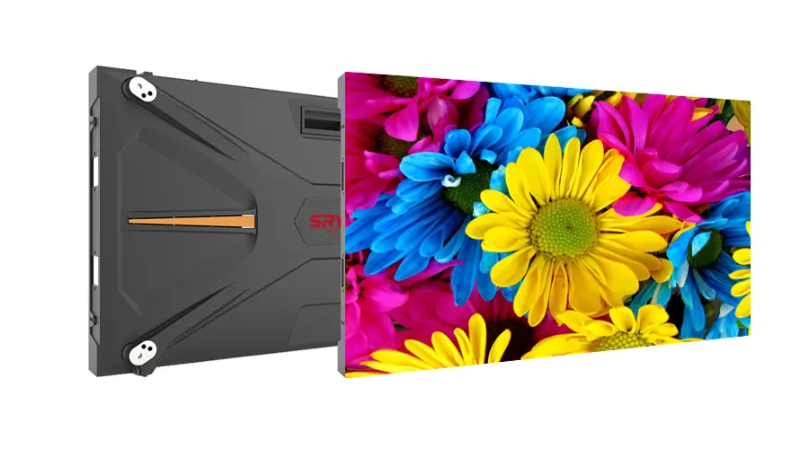 Panel LED COB 8K vista frontal trasera gabinete aluminio 600x337mm ratio 16:9